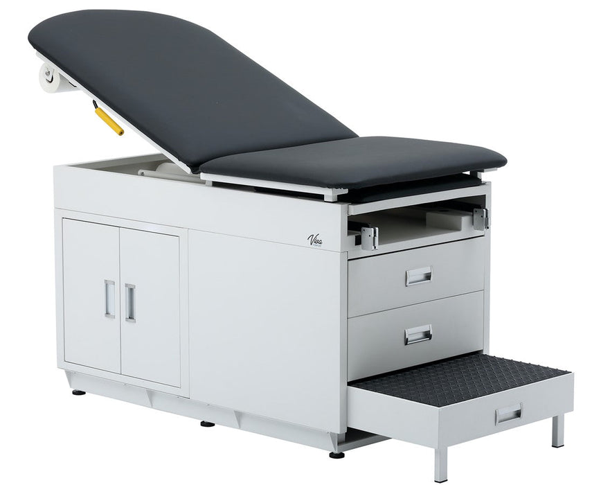 Grande Exam Table w/ Steel Cabinet, Adjustable Back, Step Stool [Contoured. Black Antimicrobial Upholstery]