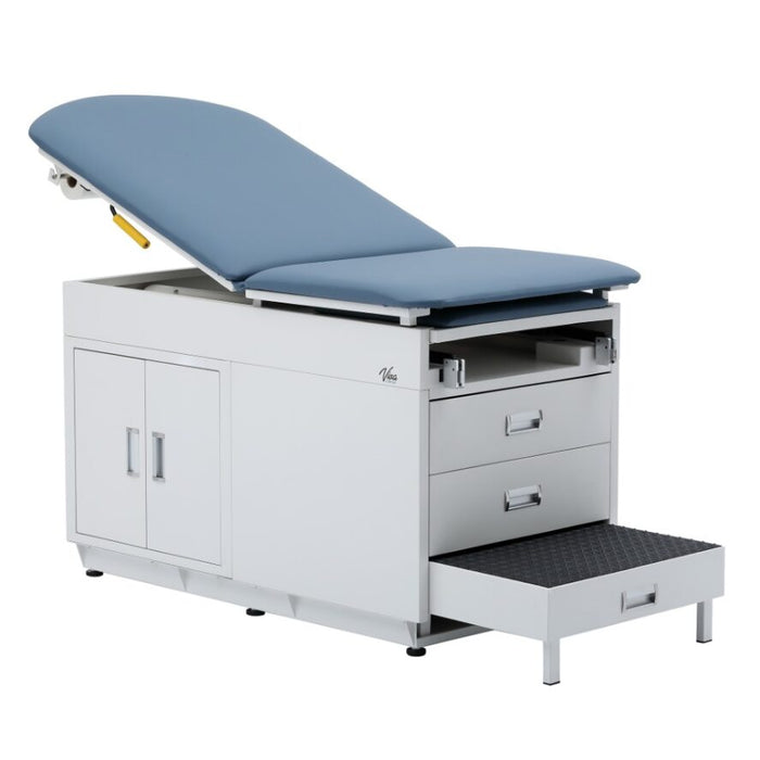 Grande Exam Table w/ Steel Cabinet, Adjustable Back, Step Stool & Stirrups [Standard. Blue Antimicrobial Upholstery]