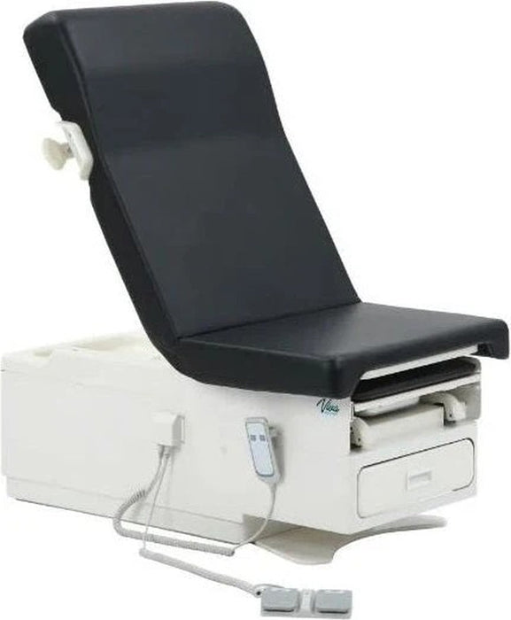 450lbs Capacity Pointe Power Hi-Lo Exam Table. Shrouded Base w/ Adjustable Back & Stirrups [Black Antimicrobial Upholstery]