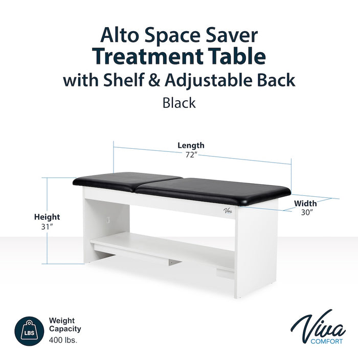 Alto Treatment Table w/Adjustable Back & Shelving. Panel Leg (Step Stool Option)