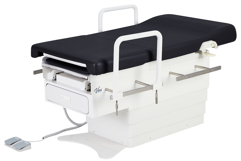 Pointe Power Hi-Lo Exam Table. Shrouded Base w/ Adjustable Back & Stirrups. ADA Compliant Option (Antimicrobial Upholstery)