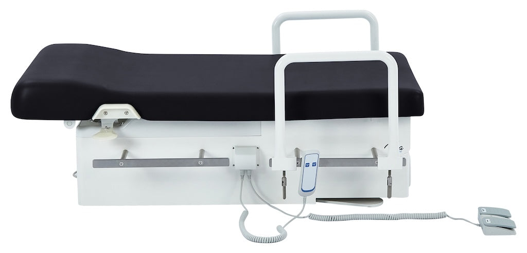 Pointe Power Hi-Lo Exam Table. Shrouded Base w/ Adjustable Back & Stirrups. ADA Compliant Option (Antimicrobial Upholstery)
