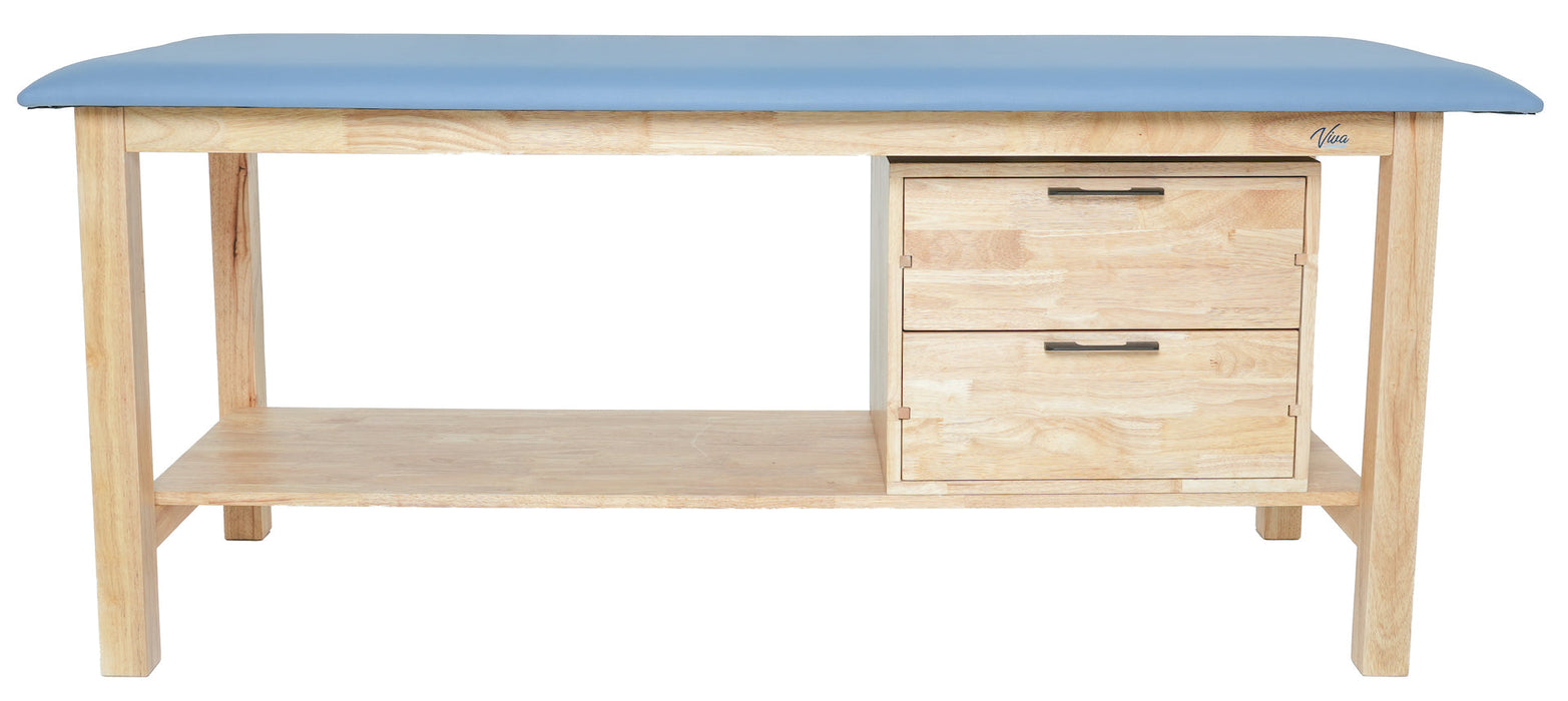Aristo Treatment Table. H-Brace w/ Drawers & Shelf, Flat Top [Blue Antimicrobial Upholstery]
