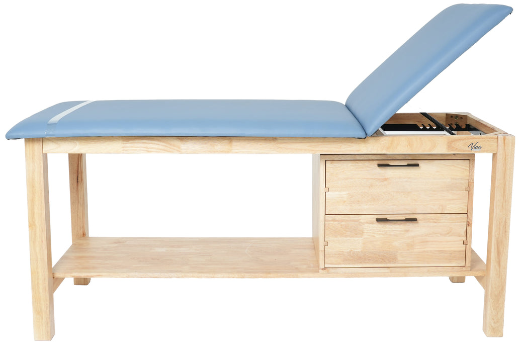 Aristo Treatment Table. H-Brace w/ Drawers & Shelf, Adjustable Back [Blue Antimicrobial Upholstery]