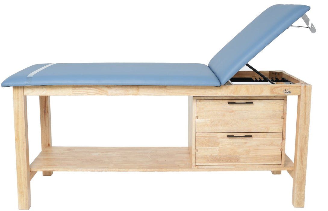 Aristo Treatment Table. H-Brace w/ Drawers & Shelf, Adjustable Back, Paper Dispenser [Blue Antimicrobial Upholstery]