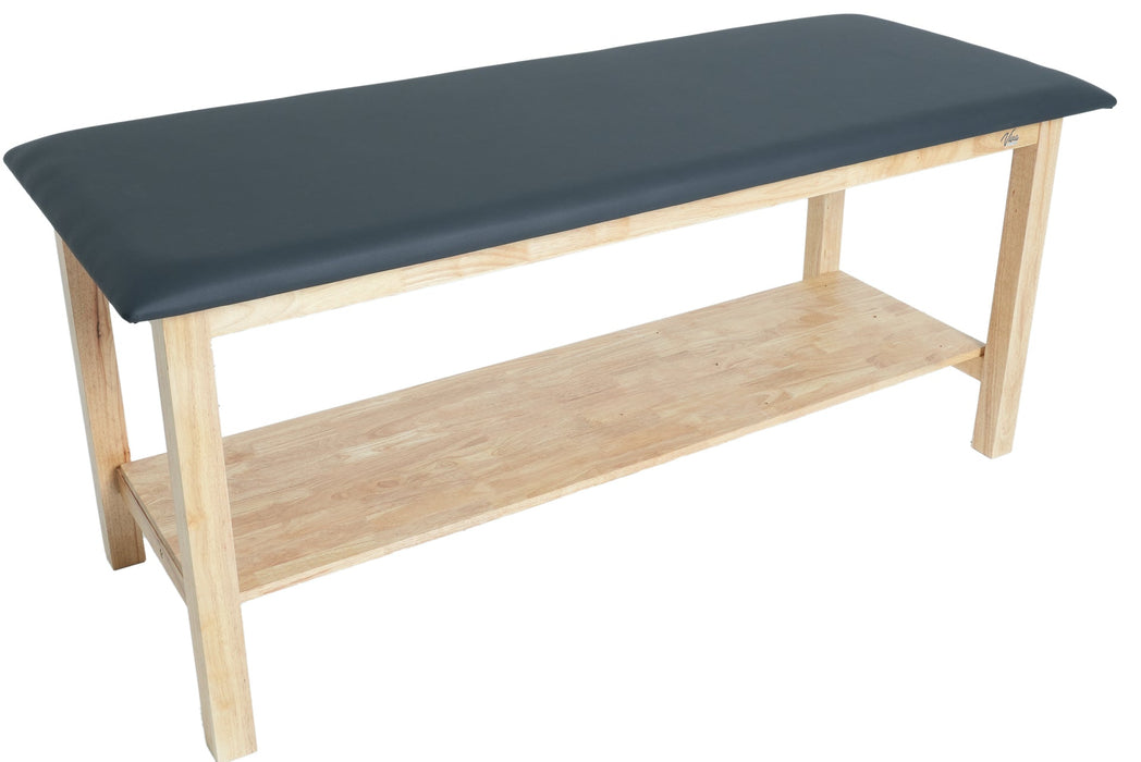 Aristo Treatment Table. H-Brace w/ Shelf, Flat Top [Black Antimicrobial Upholstery]