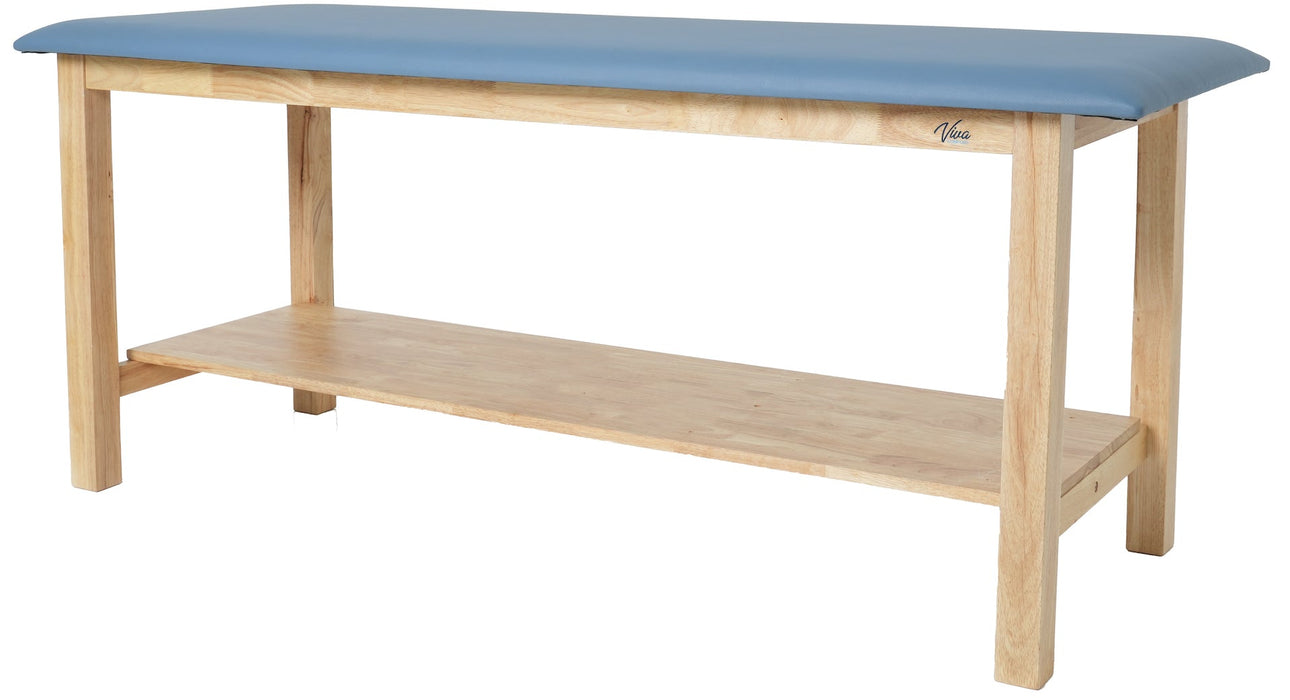 Aristo Treatment Table. H-Brace w/ Shelf, Flat Top [Blue Antimicrobial Upholstery]