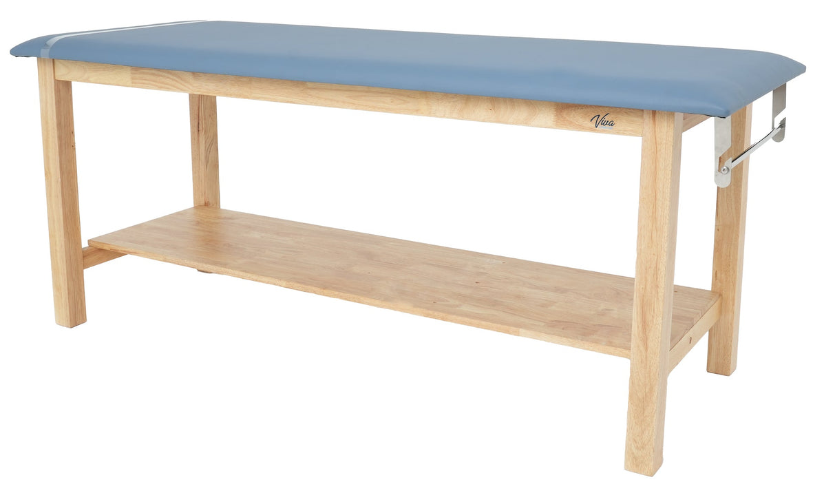 Aristo Treatment Table. H-Brace w/ Shelf, Flat Top, Paper Dispenser [Blue Antimicrobial Upholstery]