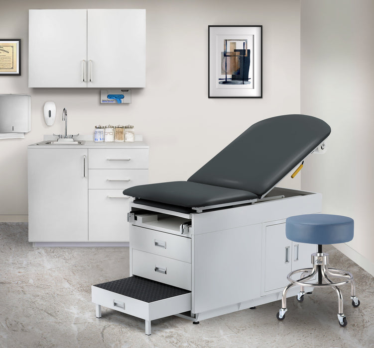 Grande Exam Room Package, Table w/ Black Upholstery, 36" Cabinets, Left Sink, Blue Ring Stool