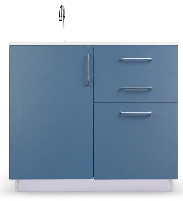 36"W Base Cabinet. 1 Door & 3-Drawers. Left Sink [Interchangeable Grey & Blueberry Doors / Drawers. Ships Assembled]