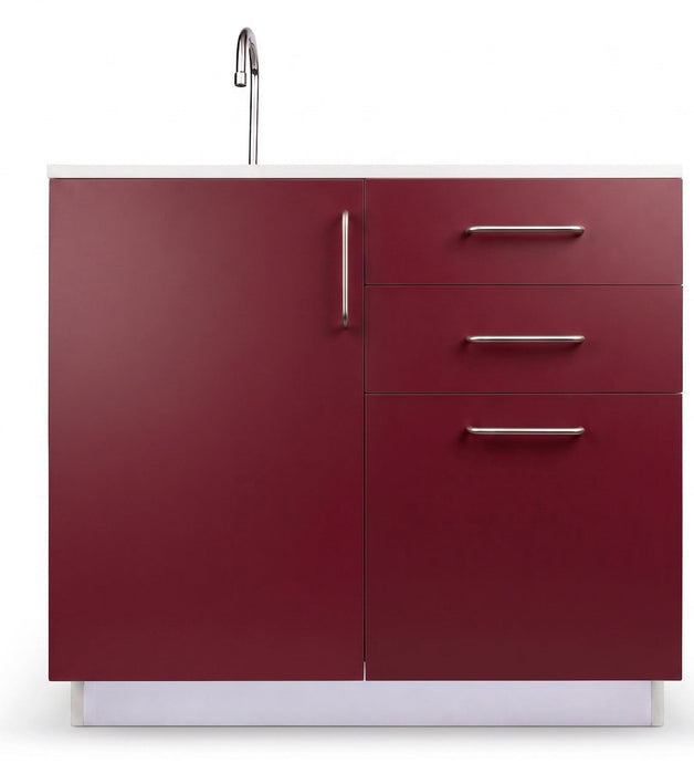 36"W Base Cabinet. 1 Door & 3-Drawers. Left Sink [Interchangeable Grey & Claret Doors / Drawers. Ships Assembled]