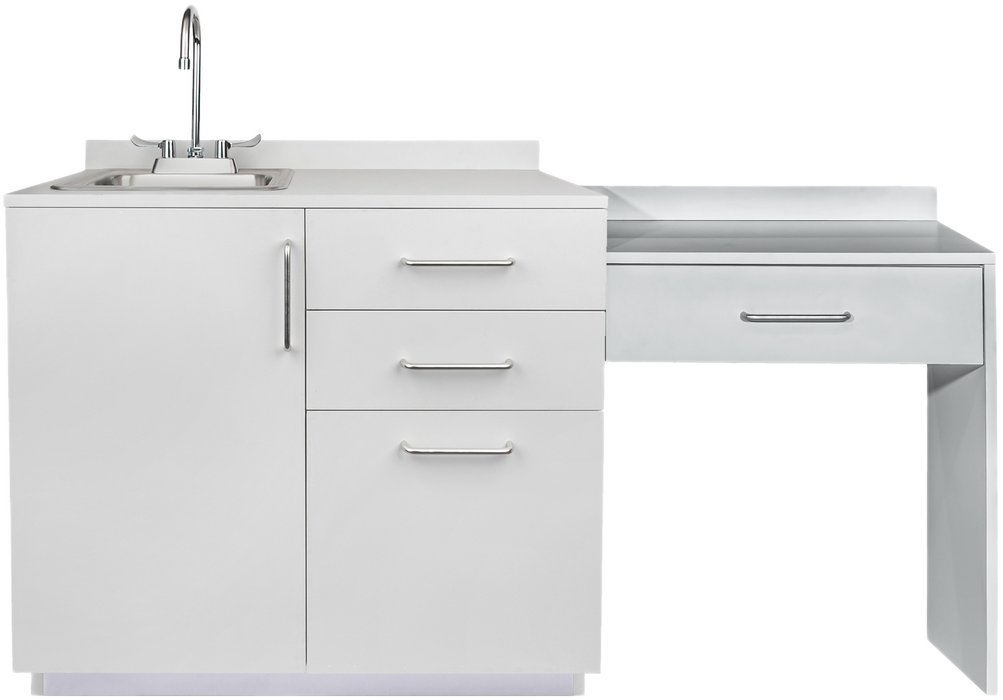36"W Base Cabinet. 1 Door & 3-Drawers. Left Sink & Side Desk [Interchangeable Grey & Blueberry Doors / Drawers. Ships Assembled]