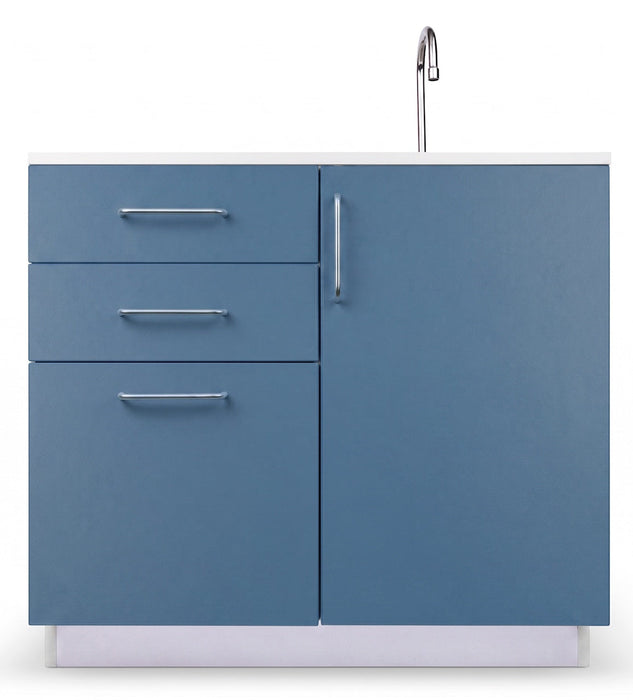 36"W Base Cabinet. 1 Door & 3-Drawers. Right Sink [Interchangeable Grey & Blueberry Doors / Drawers. Ships Assembled]