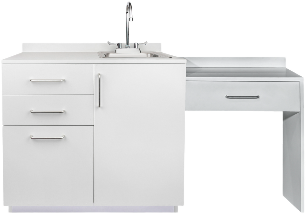 36"W Base Cabinet. 1 Door & 3-Drawers. Right Sink & Side Desk [Interchangeable Grey & Blueberry Doors / Drawers]