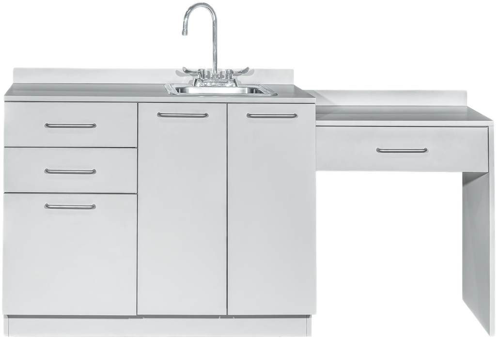 42"W Base Cabinet. 3 Doors & 2 Drawers. Right Sink & Side Desk [Interchangeable Grey & Blueberry Doors / Drawers. Ships Assembled]