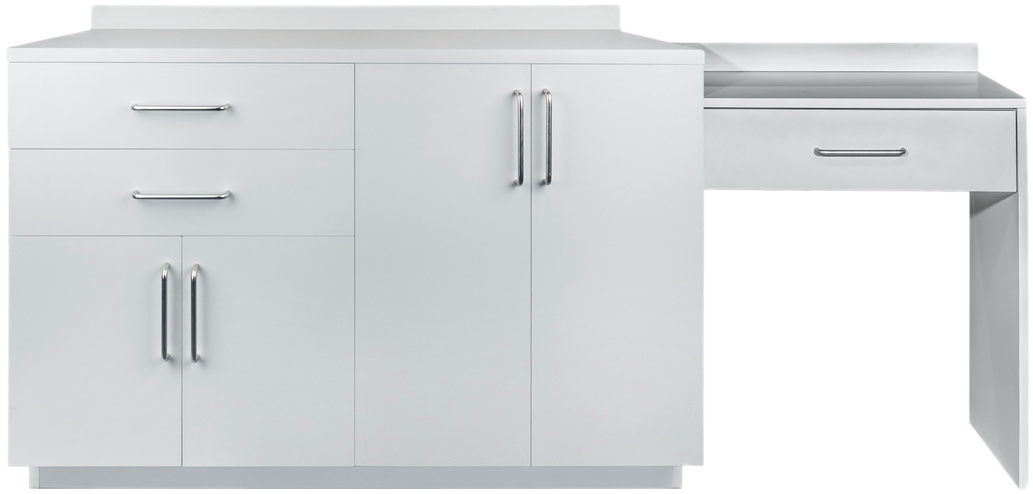 48"W Base Cabinet. 4 Doors, 2 Drawers & Side Desk [Interchangeable Grey & Claret Doors / Drawers]