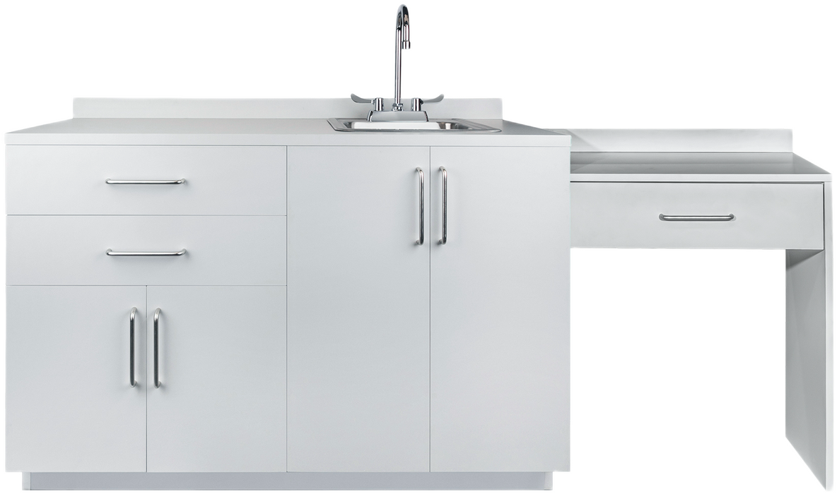 48"W Base Cabinet. 4 Doors & 2 Drawers. Right Sink & Side Desk [Interchangeable Grey & Blueberry Doors / Drawers. Ships Assembled]