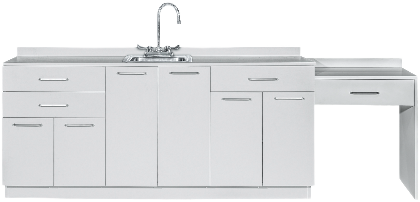 72"W Base Cabinet. 6 Doors & 3 Drawers. Center Sink & Side Desk [Interchangeable Grey & Claret Doors / Drawers. Ships Assembled]
