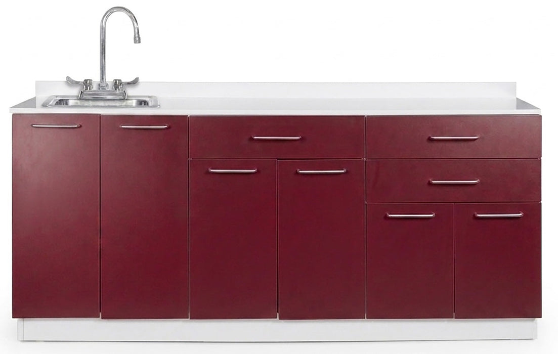 72"W Base Cabinet. 6 Doors & 3 Drawers. Left Sink [Interchangeable Grey & Claret Doors / Drawers]