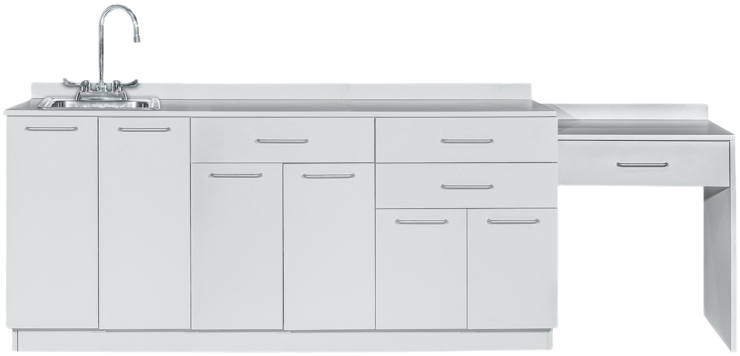 72"W Base Cabinet. 6 Doors & 3 Drawers. Left Sink & Side Desk [Interchangeable Grey & Claret Doors / Drawers]