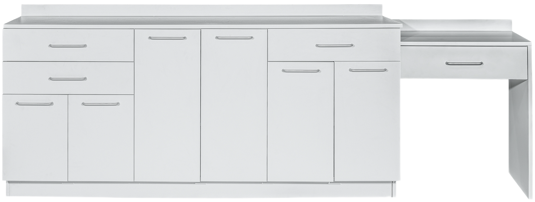 72"W Base Cabinet. 6 Doors, 3 Drawers & Side Desk [Interchangeable Grey & Blueberry Doors / Drawers. Ships Assembled]