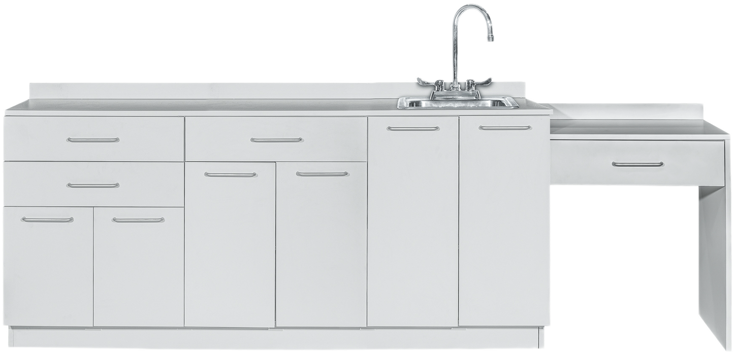 72"W Base Cabinet. 6 Doors & 3 Drawers. Right Sink & Side Desk [Interchangeable Grey & Claret Doors / Drawers]