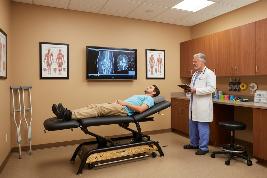 Atlas Power Hi-Lo Treatment Table, Open Base w/ Adjustable Back, Drop Section, Casters & Antimicrobial Upholstery