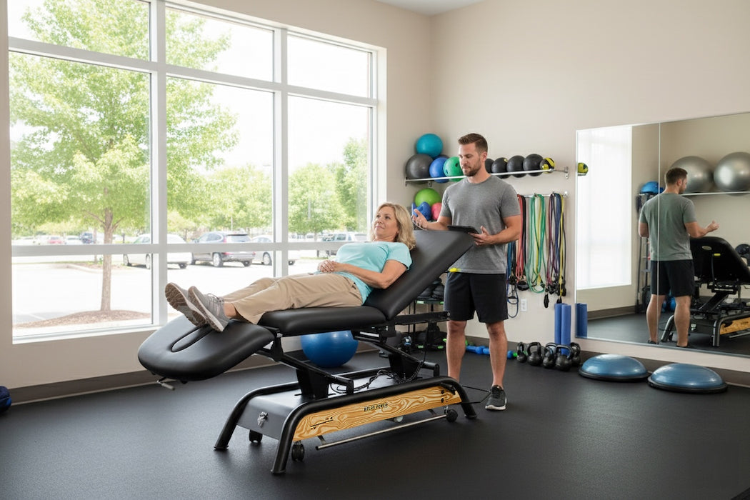 Atlas Power Hi-Lo Treatment Table, Open Base w/ Adjustable Back, Drop Section, Casters & Antimicrobial Upholstery