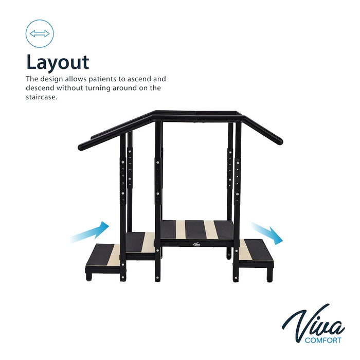 2 / 3-Step Steel Staircase w/ Height Adjustable Handrail for Physical Therapy