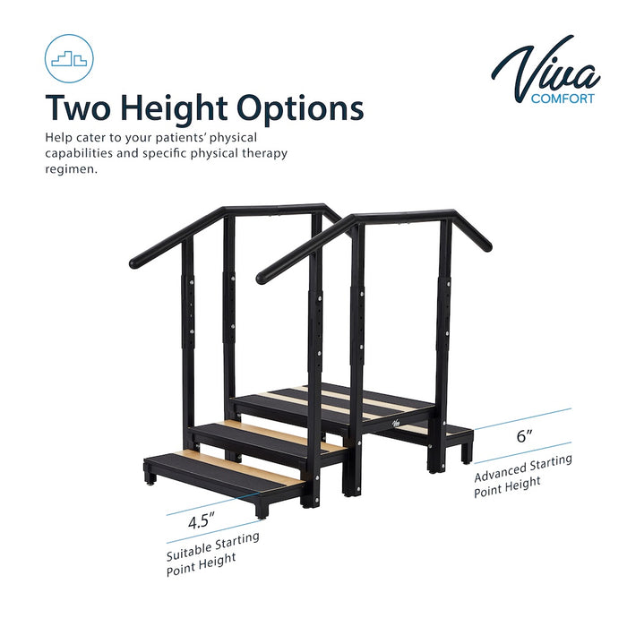 2 / 3-Step Steel Staircase w/ Height Adjustable Handrail for Physical Therapy