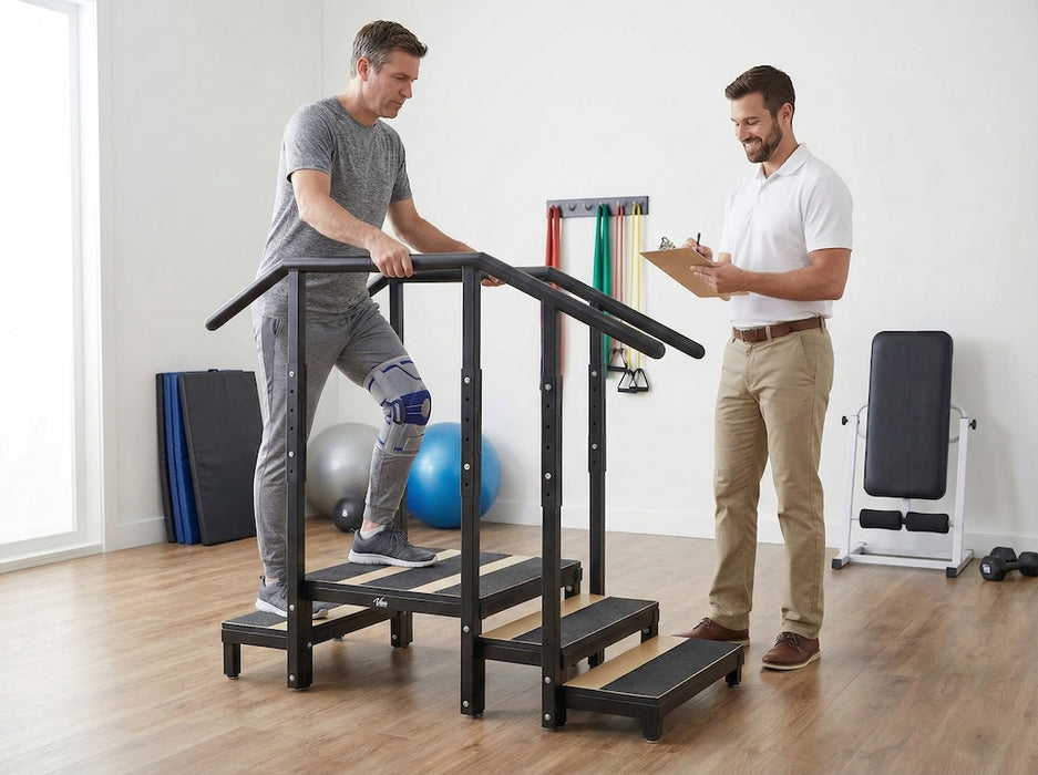 2 / 3-Step Steel Staircase w/ Height Adjustable Handrail for Physical Therapy