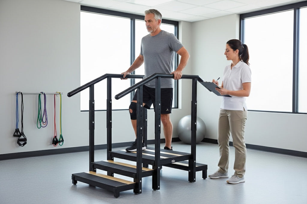 2 / 3-Step Steel Staircase w/ Height Adjustable Handrail for Physical Therapy