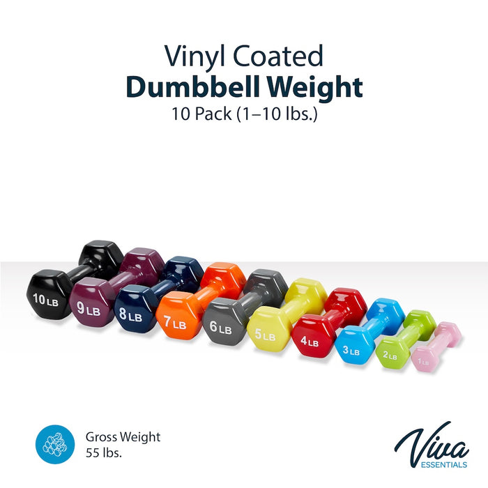 Vinyl Coated Dumbbells Weight Set - 10 pieces (1 to 10 lbs - 1 ea.)