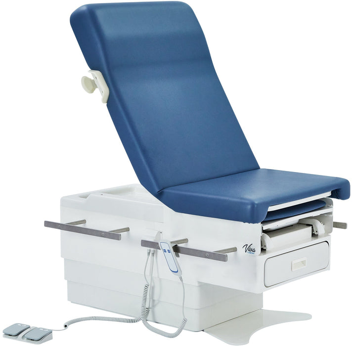 Pointe Power Hi-Lo Exam Table. Shrouded Base w/ Adjustable Back & Stirrups [Blue Antimicrobial Upholstery]