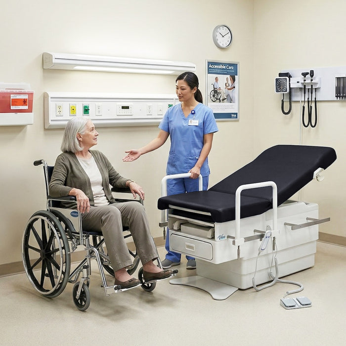 Pointe Power Hi-Lo Exam Table. Shrouded Base w/ Adjustable Back & Stirrups. ADA Compliant Option (Antimicrobial Upholstery)