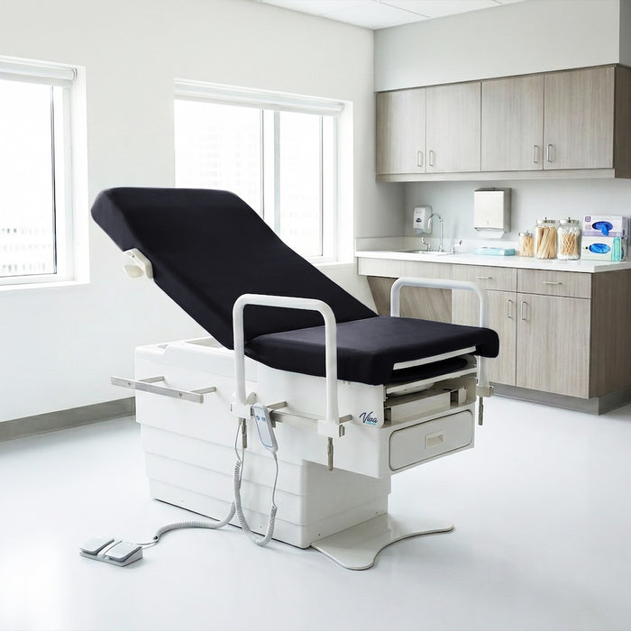Pointe Power Hi-Lo Exam Table. Shrouded Base w/ Adjustable Back & Stirrups. ADA Compliant Option (Antimicrobial Upholstery)