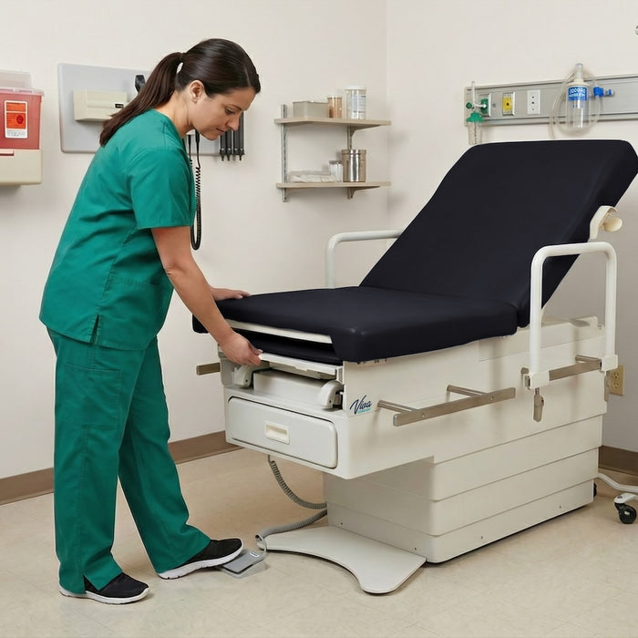 Pointe Power Hi-Lo Exam Table. Shrouded Base w/ Adjustable Back & Stirrups. ADA Compliant Option (Antimicrobial Upholstery)