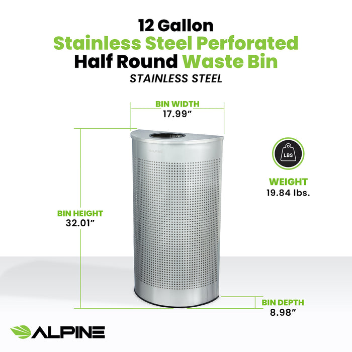 12-Gallon Stainless Steel Waste Can, Perforated. Half Circle
