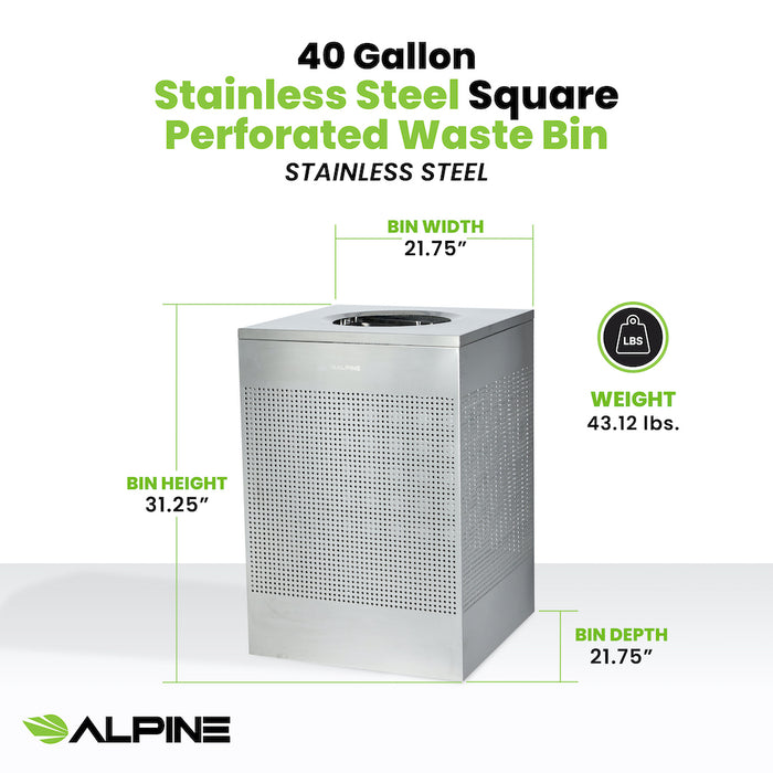 40-Gallon Stainless Steel Waste Can, Perforated. Square