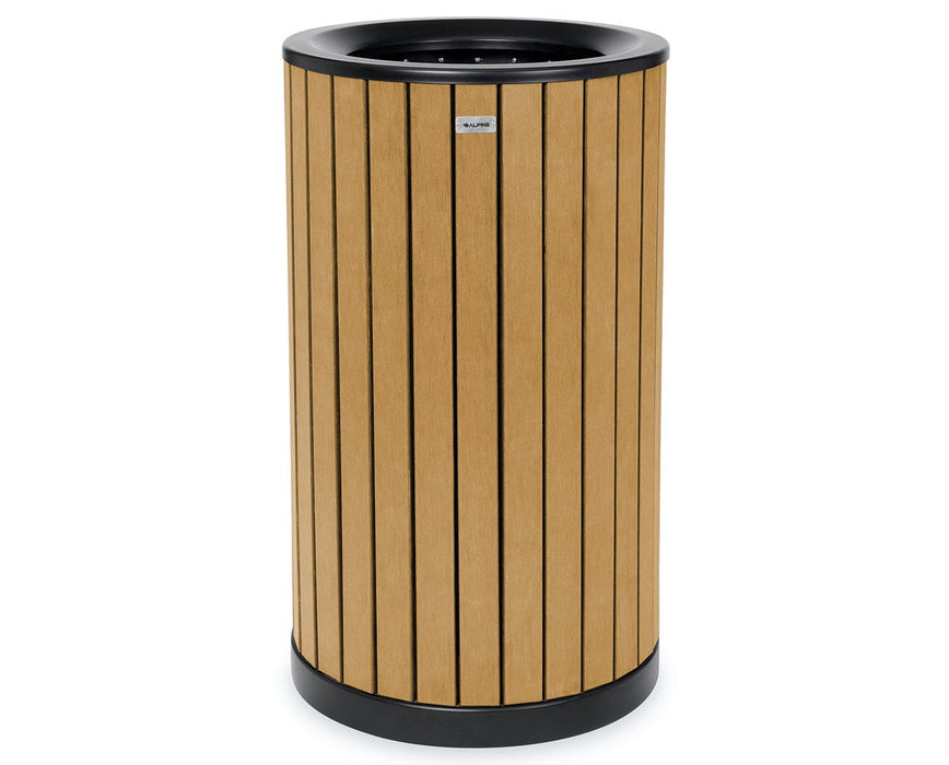 Round, 32-Gallon Outdoor Trash Container with Slatted Recycled Plastic Panels - Cedar