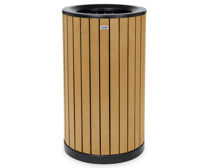 Round, 32-Gallon Outdoor Trash Container with Slatted Recycled Plastic Panels - Cedar
