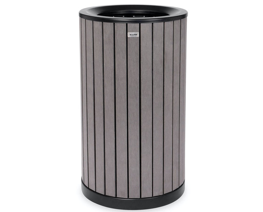 Round, 32-Gallon Outdoor Trash Container with Slatted Recycled Plastic Panels - Grey