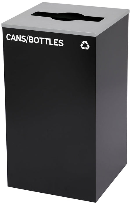 29-Gallon Square Recycling Waste Can. Black w/ Mixed Lid & Cans/Bottles Sticker