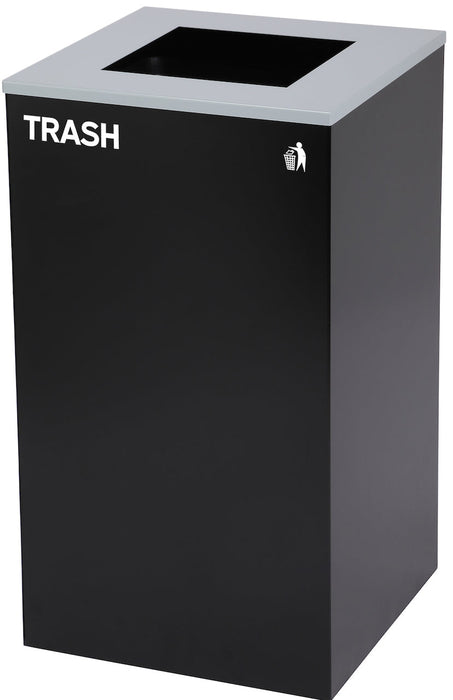 29-Gallon Square Recycling Waste Can. Black w/ Square Lid & Trash Sticker