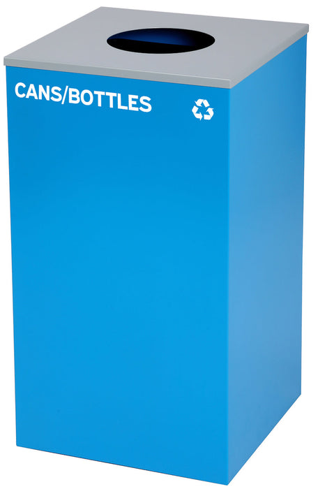 29-Gallon Square Recycling Waste Can. Blue w/ Circle Lid & Cans/Bottles Sticker. Knock-Down Design