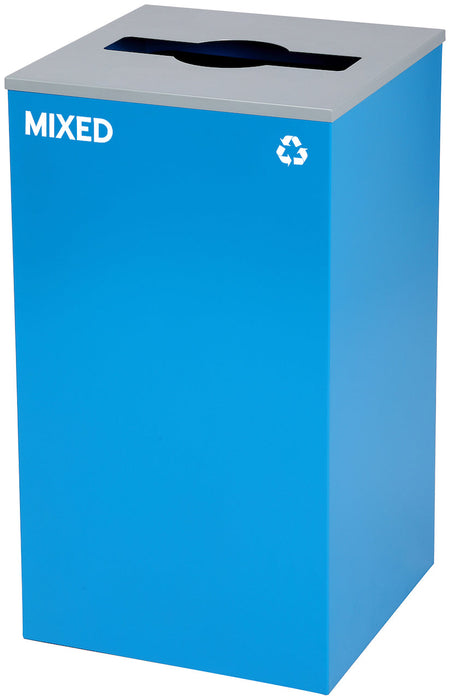 29-Gallon Square Recycling Waste Can. Blue w/ Mixed Lid & Mixed Sticker