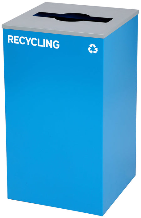 29-Gallon Square Recycling Waste Can. Blue w/ Mixed Lid & Recycling Sticker