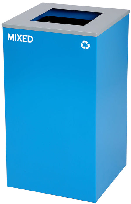 29-Gallon Square Recycling Waste Can. Blue w/ Square Lid & Mixed Sticker