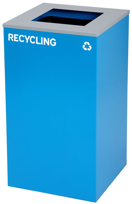 29-Gallon Square Recycling Waste Can. Blue w/ Square Lid & Recycling Sticker