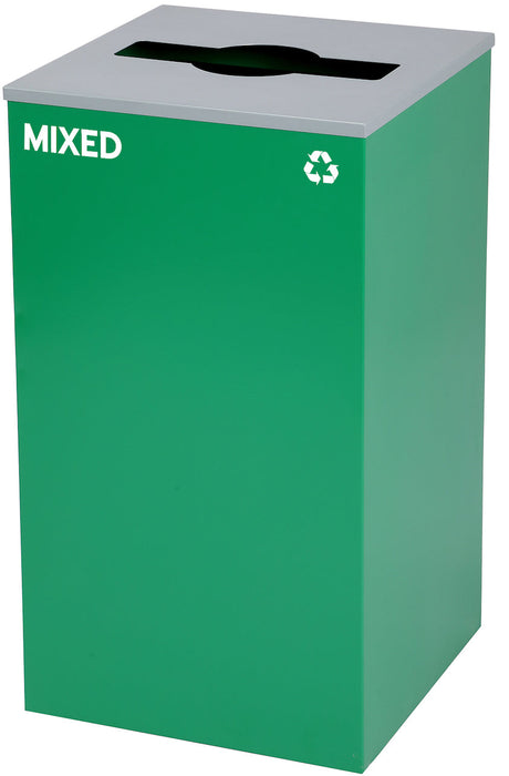29-Gallon Square Recycling Waste Can. Green w/ Mixed Lid & Mixed Sticker